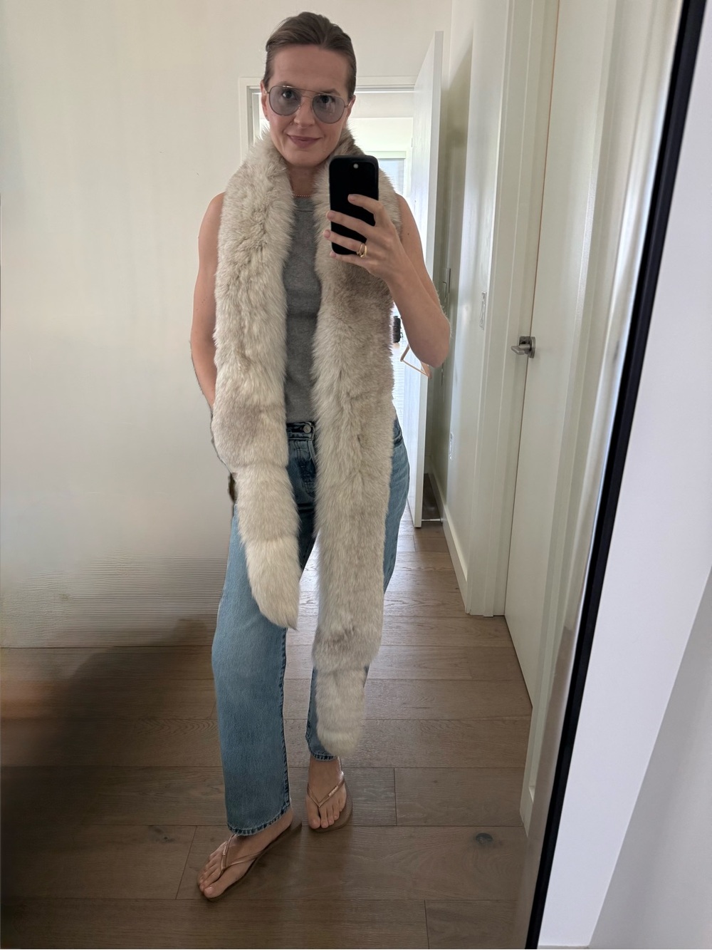 Long Light Gray Natural Fox Fur Scarf / Stole